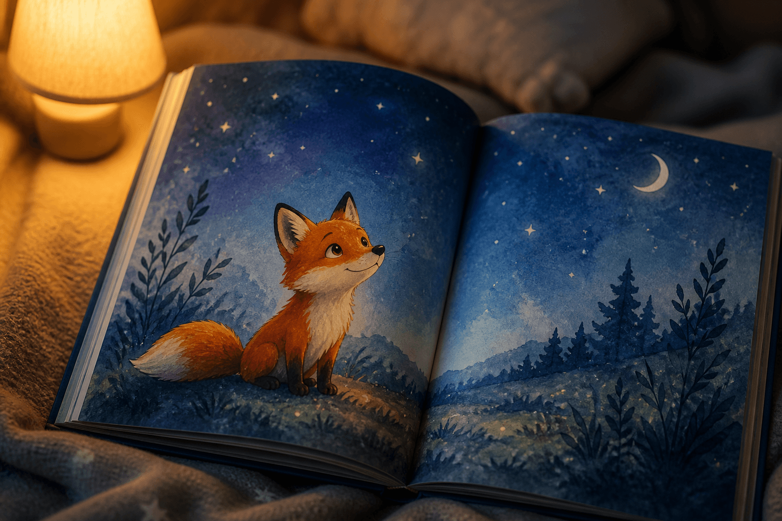 Open storybook with a gentle illustrated fox under starlight